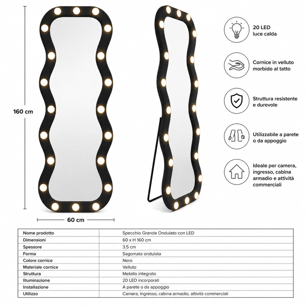 Specchio Grande Ondulato 60x160 cm con 20 Led, Cornice in Velluto Nero Moderno Accensione Touch