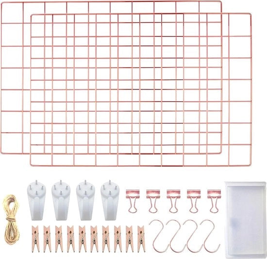 Rosettino per foto, rosé oro, scheda per parete, griglia per parete, griglia metallica, decorazione per parete, set da 2, tavolo multifunzionale per appunti, griglia, oro, 42 × 31 cm