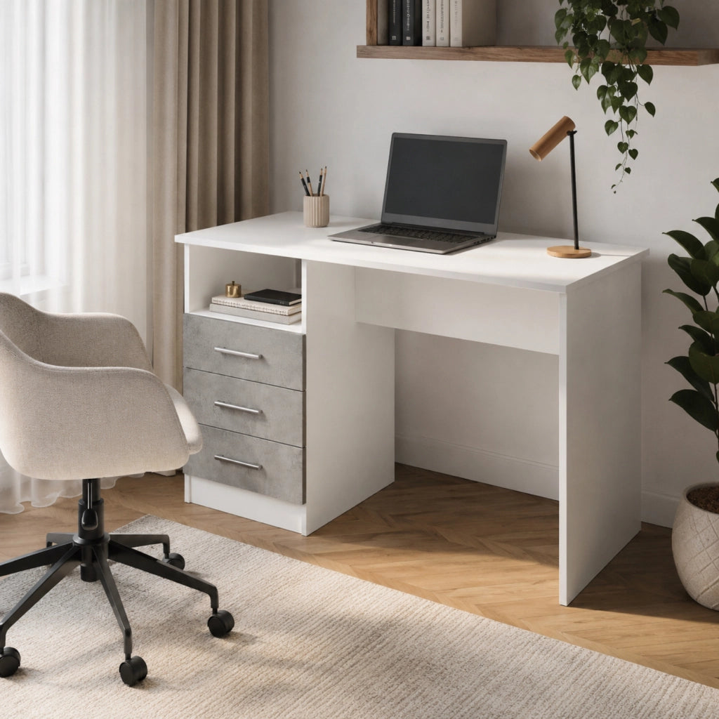Scrivania con 3 Cassetti E Ripiano Lipsia Scrittoio da Studio o Ufficio Mobile Desk da Soggiorno Sala da Pranzo 120 x 72 x 48 cm Colore Bianco e Grigio Cemento
