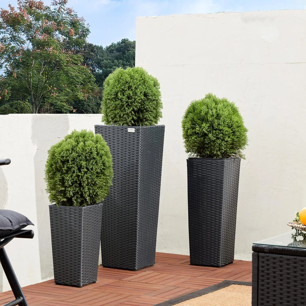 Deuba CASARIA® Set di 3 Vasi da Fiori in Polyrattan Intrecciato con Sottovaso e Foro Deflusso Acqua Richiudibile Vaso per Piante Effetto Rattan da Esterno Giardino Fioriere Fioriera