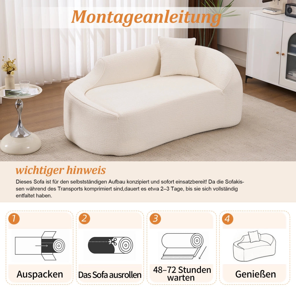 Chaise longue curva in chenille con seduta profonda e cuscino, divano letto compatto per interni, bianco panna