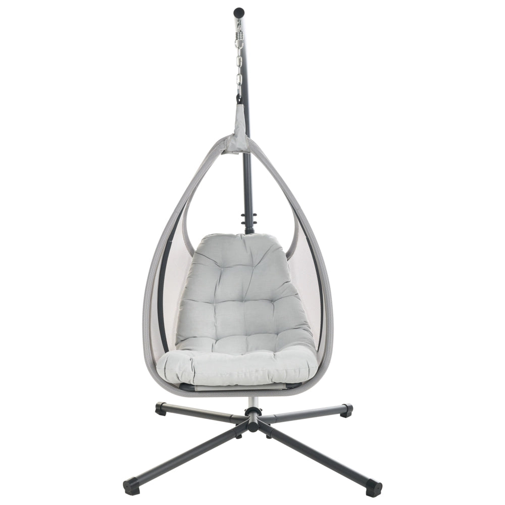 Sedia a uovo a dondolo Supporto metallico grigio chiaro Morbido cuscino da seduta Boho Rustico Soggiorno Terrazza