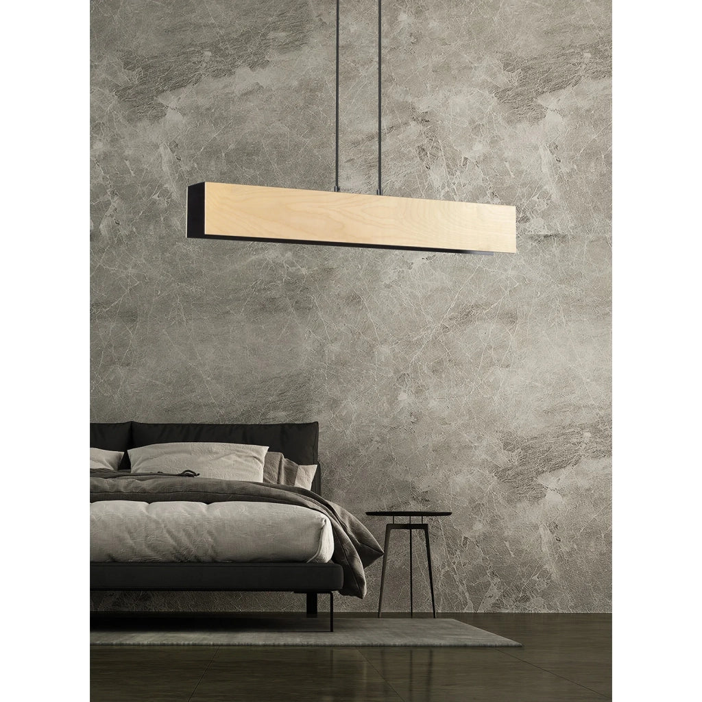 Lampadario 3 Luci Merlino In Acciaio Nero Corpo Rettangolare E Legno Naturale