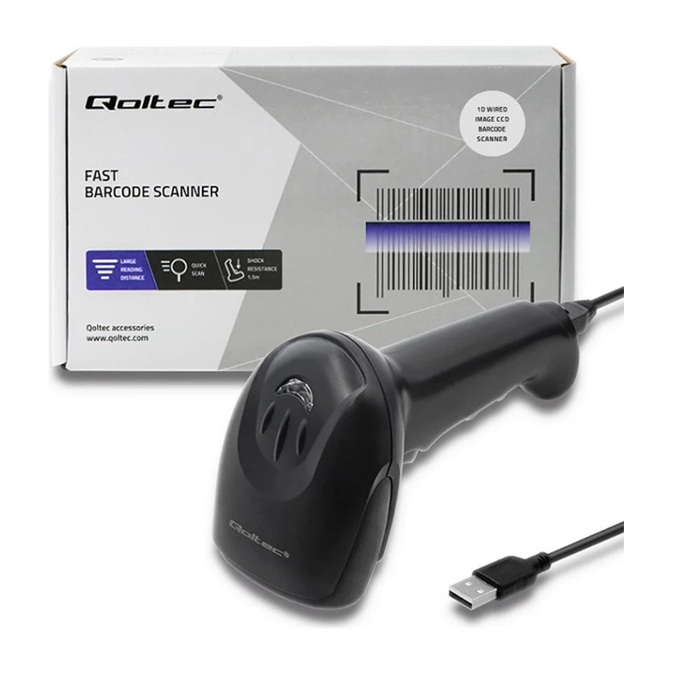 Lettore di codici a barre laser Qoltec 50866 1D | CCD | USB | Nero