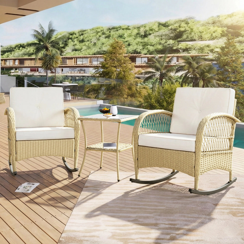 Set mobili balcone rattan 3 pezzi: sedia dondolo; cuscini beige; portata 160kg