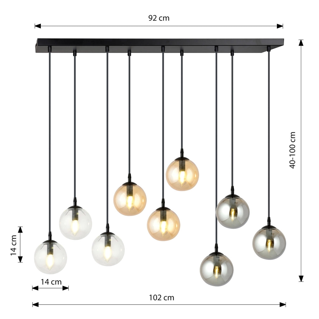 Sospensione Moderna 9 Luci Naza Acciaio Nero E Sfere In Vetro Multicolor