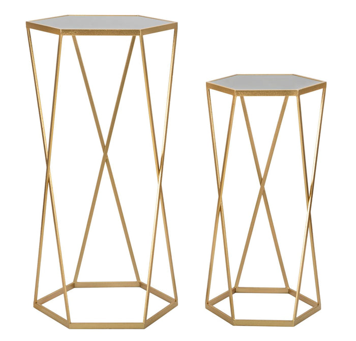 Set 2 Tavolini Esagonal Ø50 cm e Ø40 cm in Ferro e MDF Oro