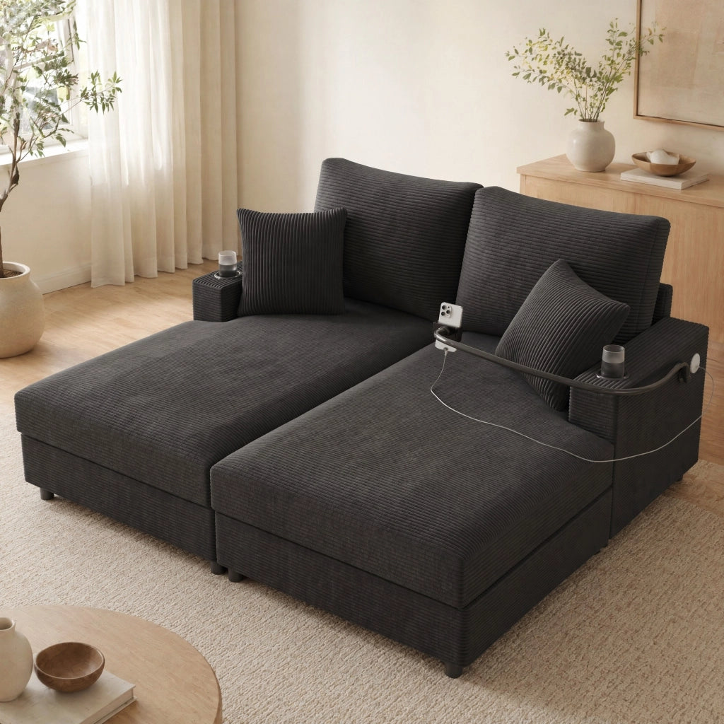 Divano 2 posti 163x140x82 cm in velluto a coste con USB; USB-C e portabicchieri grigio