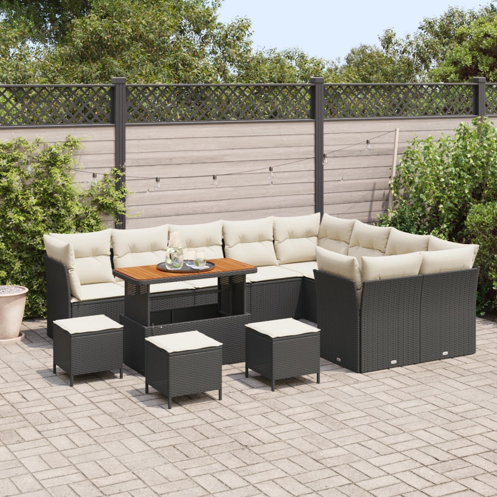 Set Divano da Giardino 13 Pezzi con Cuscini Nero Rattan PE Acacia