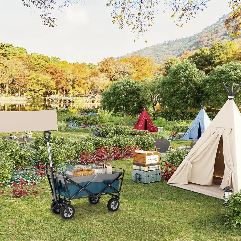 Carrello da Giardino Pieghevole, con Maniglia Regolabile, Carrello da Spiaggia Portatile con Tasche Laterali per Spesa, Picnic, Adatto a Vari Suoli, Portata 80 kg, Blu+Grigio