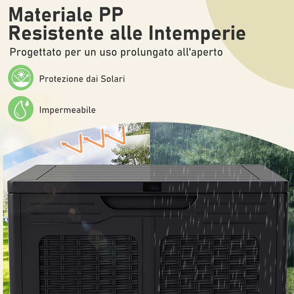 Baule da Esterno 145 L, Cassapanca Contenitore Impermeabile con Effetto Rattan, Coperchio Bloccabile e Maniglie, per Giardino, Patio e Piscina, 56 x 56 x 60,5 cm (Nero)