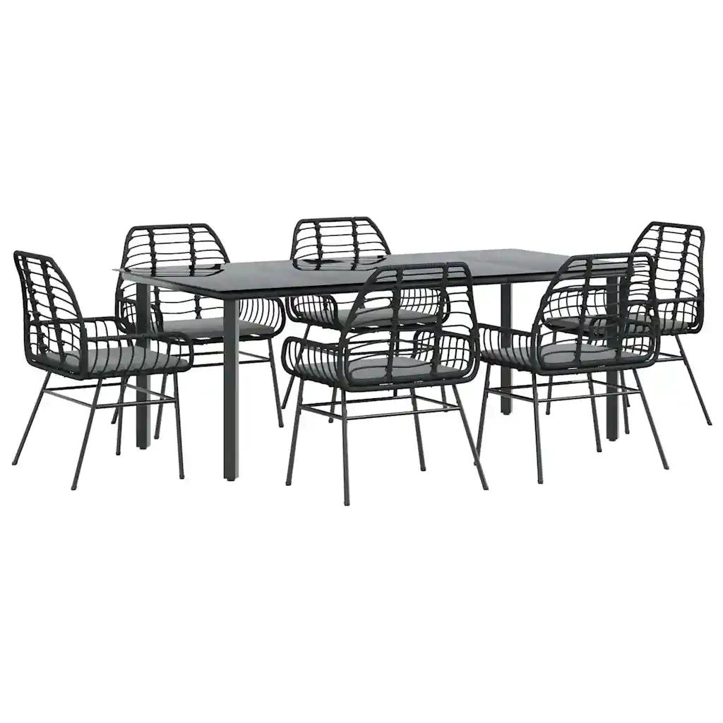 vidaXL Set Pranzo da Giardino 7 pz Nero con Cuscini Polyrattan Vetro