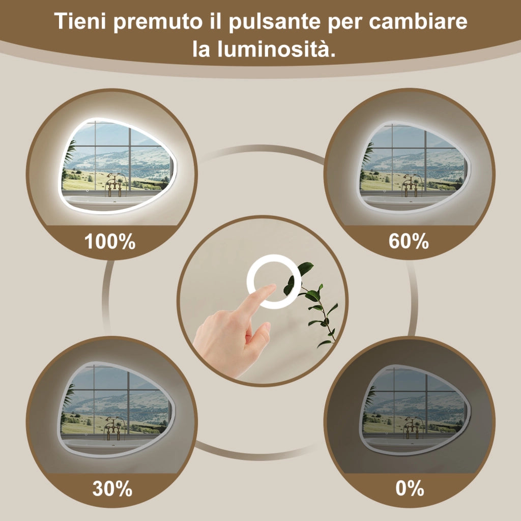 100 x 80 cm Specchio con illuminazione integrata bagno ciottolo. Touch. 3 Temperature Colore. Pellicola Antideflagrante