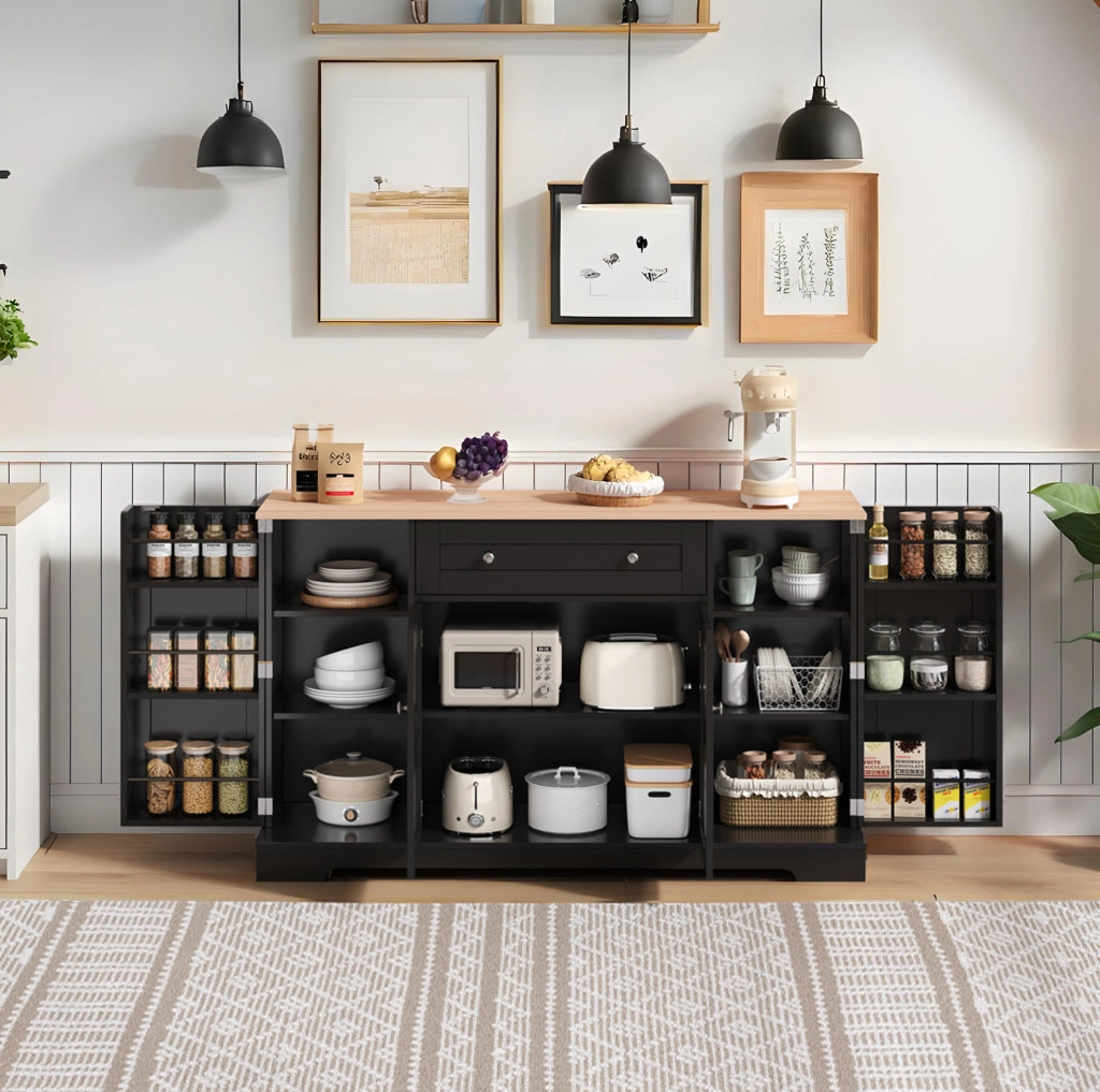 Credenza da cucina moderna 138 cm con cassetto; ante e ripiani interni; nero in MDF