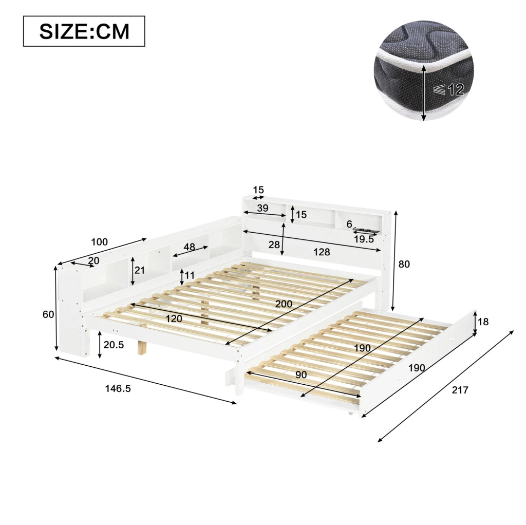 Letto in legno 120x200 cm con letto estraibile; mensola laterale e ricarica; bianco