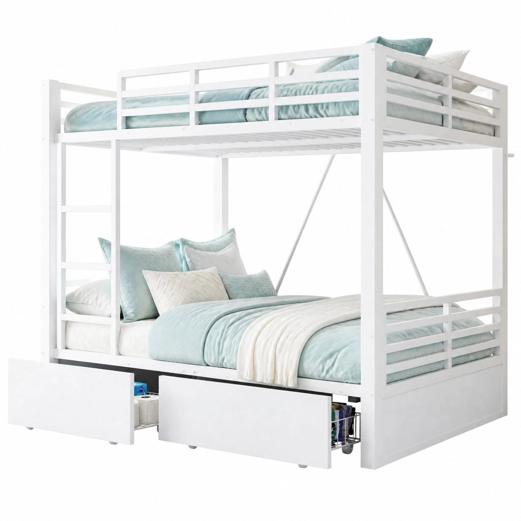Letto a castello in metallo 140x200 cm con cassetti, scala e sponde di sicurezza, bianco