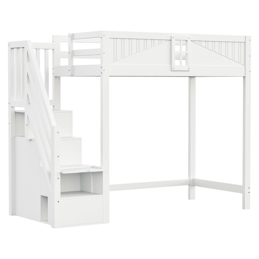 Letto a Soppalco Singolo con Finestra; Ripiani e Scala Reversibile 90 × 200 cm; senza Materasso; Bianco
