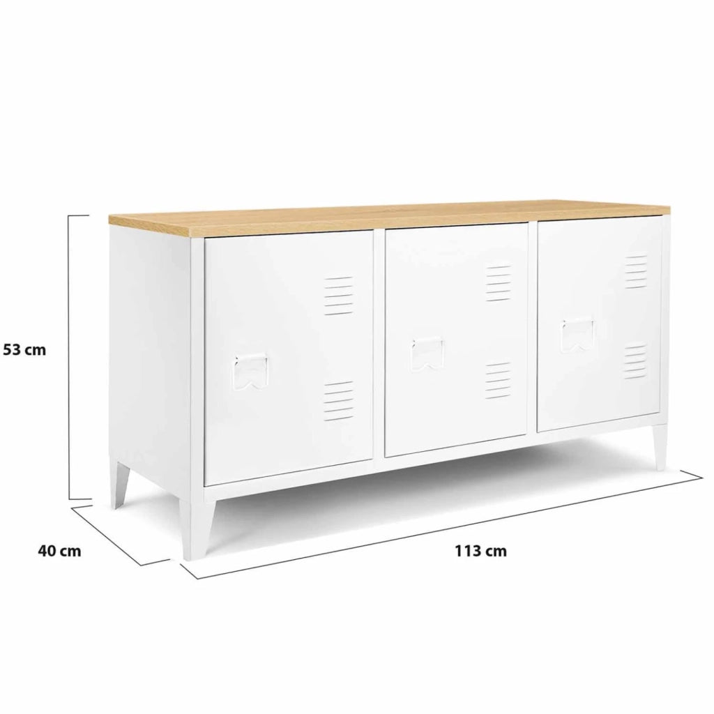 IDMarket - Credenza bassa ESTER 113 cm con 3 ante in metallo bianco e piano in legno dal design industriale