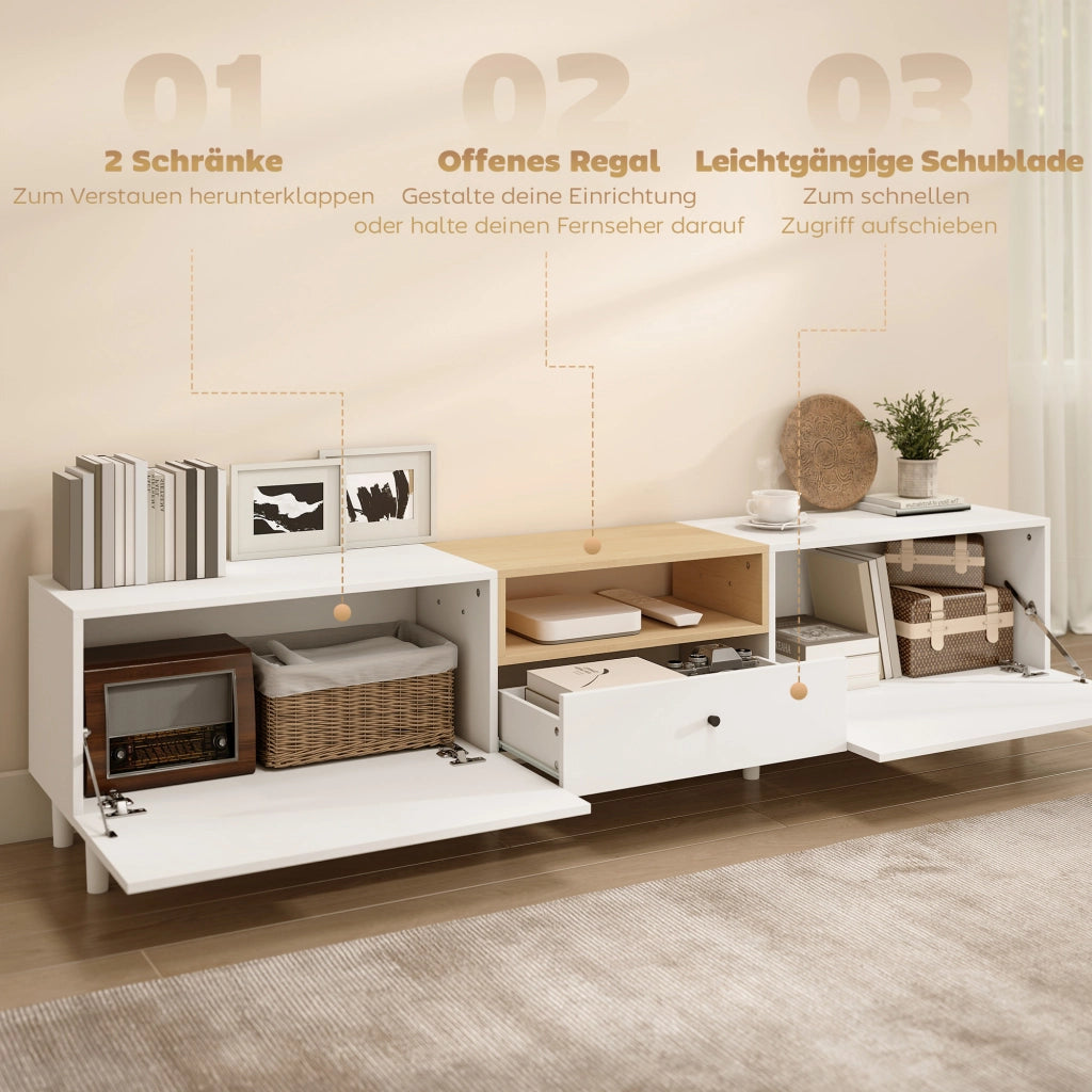Mobile TV con 2 ante, cassetto e ripiano aperto ¨C zephmum ¨C Bianco 200x90x40 cm
