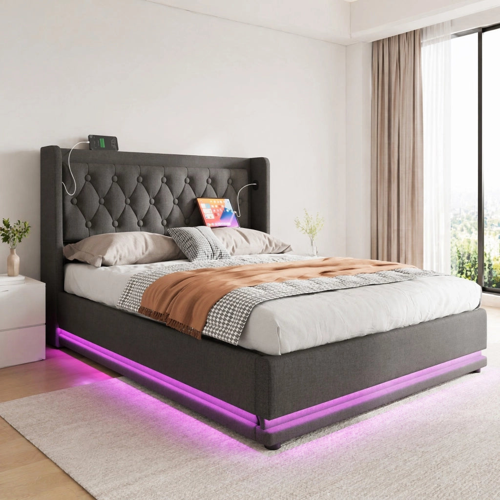 Letto matrimoniale imbottito 140x200 cm in cotone grigio con contenitore; USB e LED