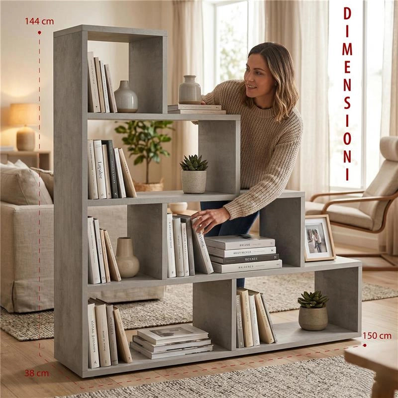 SCAFFALE A LIBRERIA DI DESIGN A SCALA L IN LEGNO DIMENSIONI 144X150X38 CM, COLORE CEMENTO