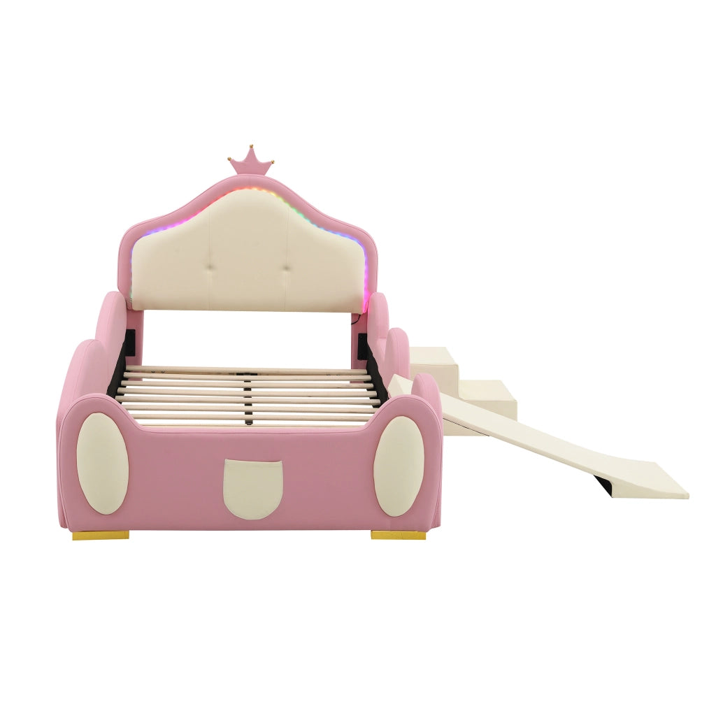 Letto imbottito 90x200 cm con LED; scivolo e scaletta in PU rosa e beige