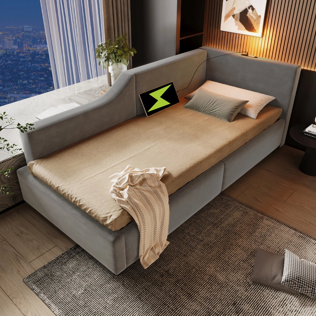 Divano letto daybed 90x190 cm in velluto grigio con contenitore; lampada da lettura e USB-C