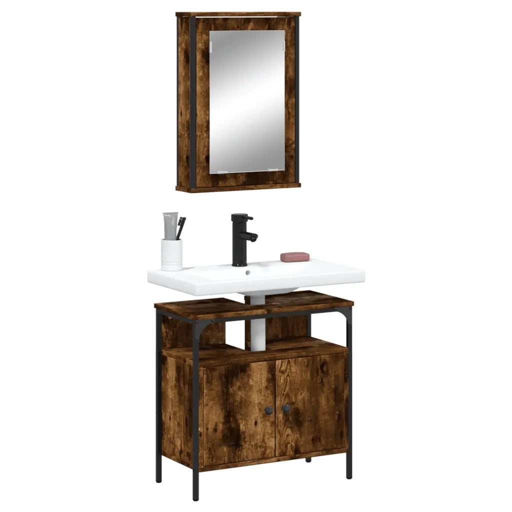 Set Mobili da Bagno | Armadio da bagno 2 pz Rovere Fumo in Legno Multistrato