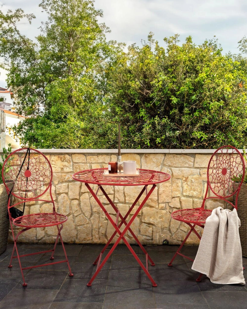 Set di 2 sedie da giardino Bistro in ferro rosso pieghevole all'aperto resistenza alla ruggine UV stile retrò francese