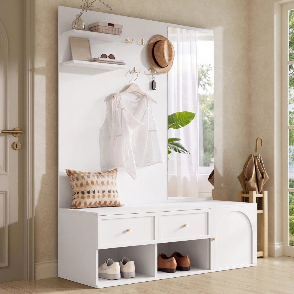 Set ingresso multifunzione con specchio, ripiani, cassetti e ganci, 120 x 35 x 159 cm, bianco