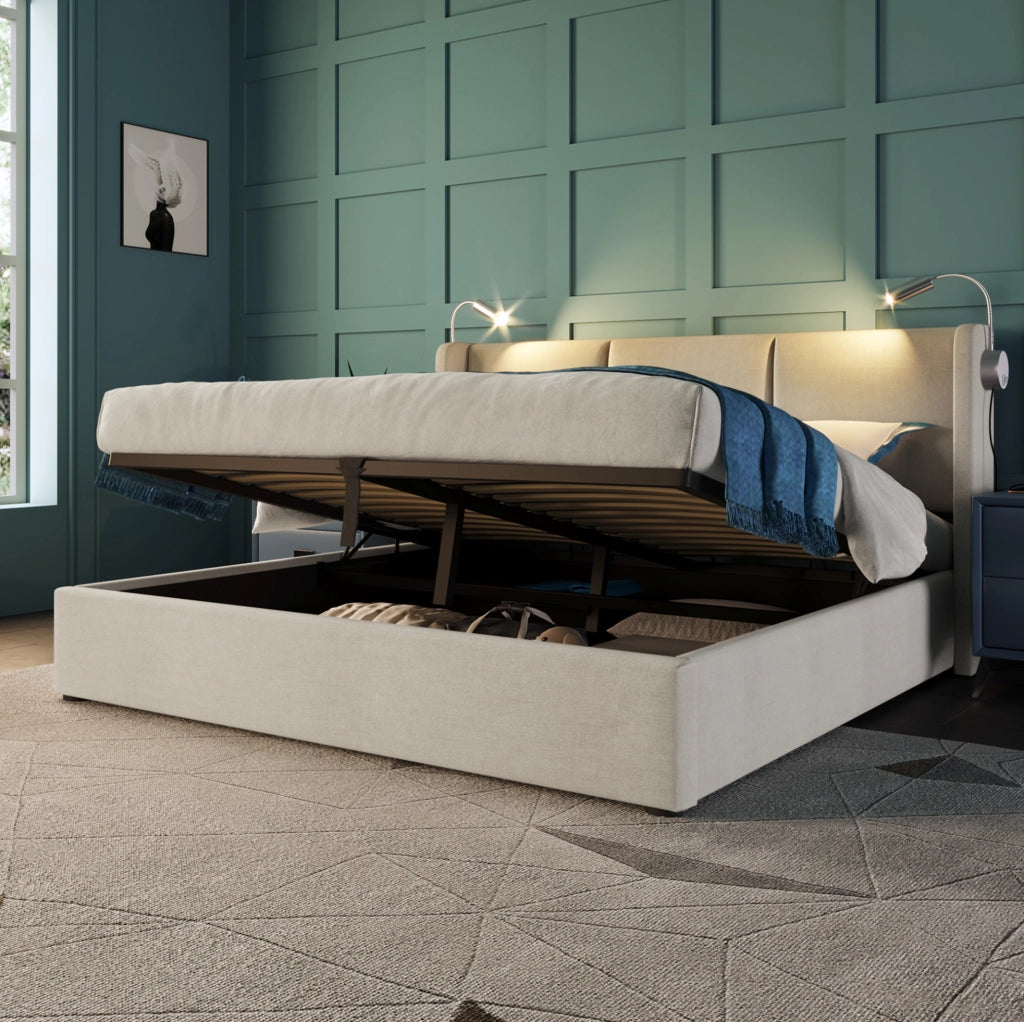Letto matrimoniale imbottito 160x200 cm con contenitore; luce da lettura e USB; beige