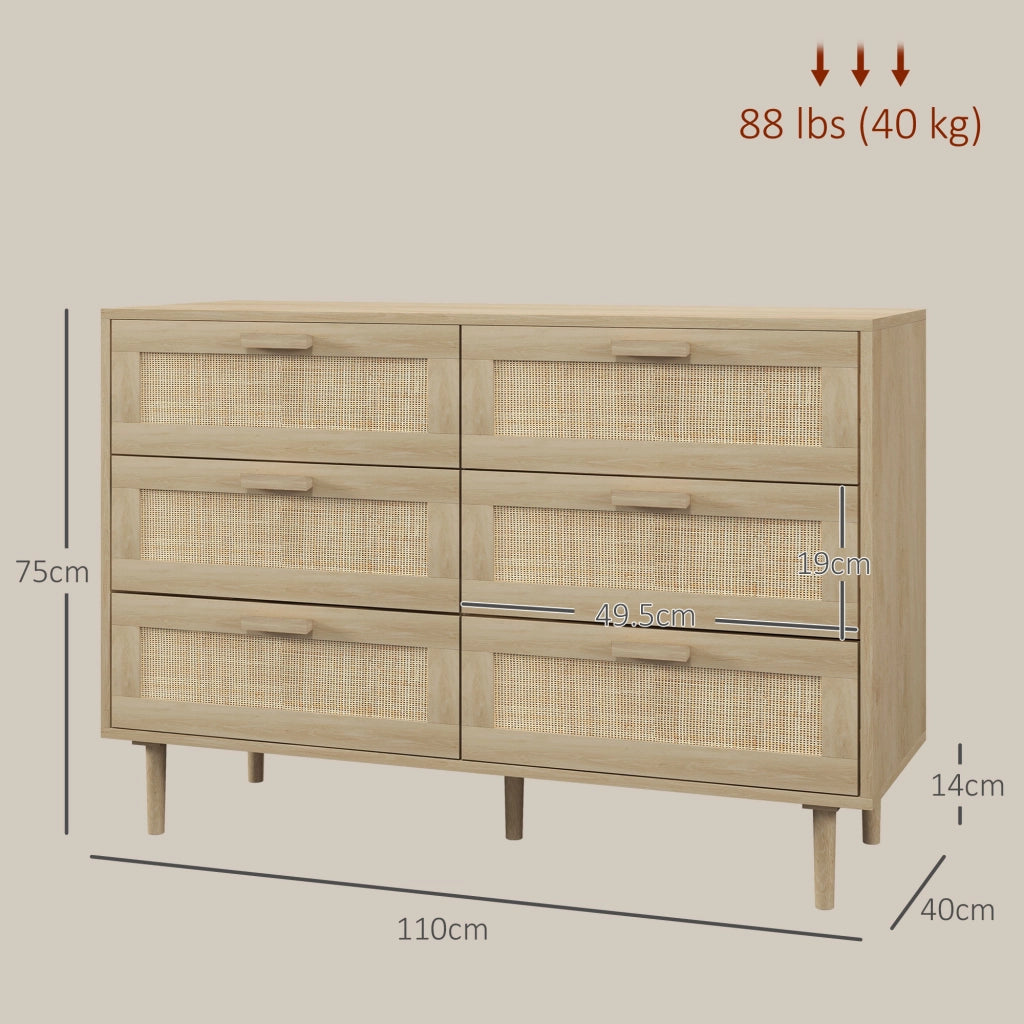 Cassettiera 6 Cassetti in Legno e Rattan ¨C zephmum ¨C 110x40x75 cm