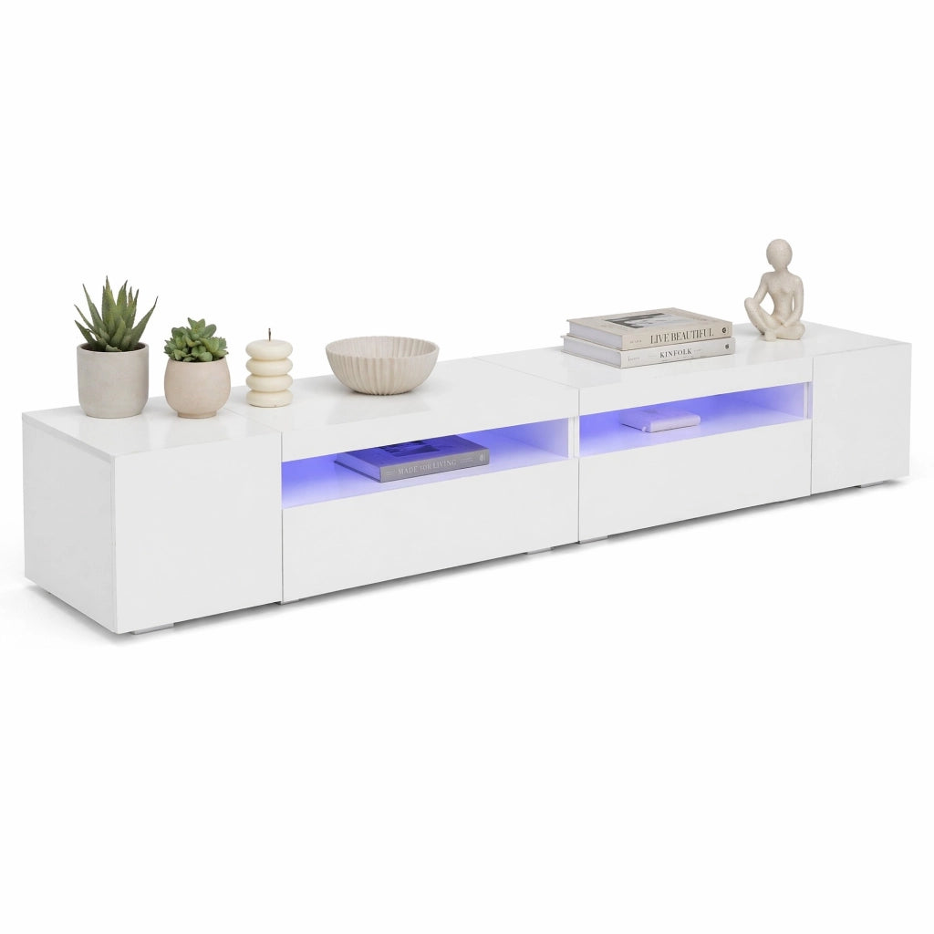 Mobile porta TV bianco da 240 cm in MDF con illuminazione variabile e ampio spazio contenitore