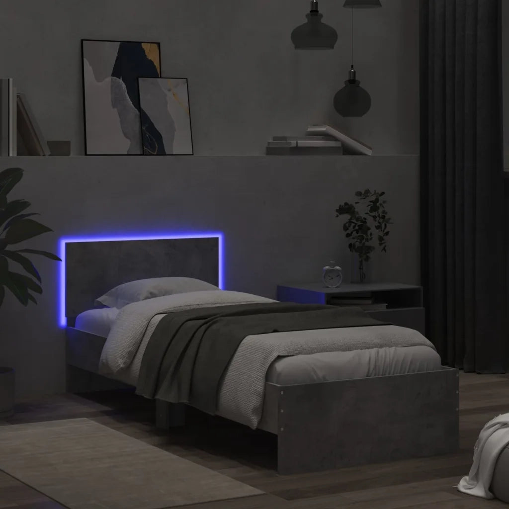 Letto singolo | Letto per adulti | Giroletto con Testiera e LED Grigio Cemento 90x190 cm