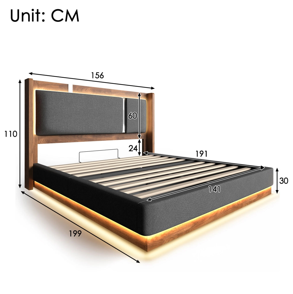 Letto matrimoniale 199x156x110 cm con LED e contenitore; in lino; legno e metallo grigio e noce