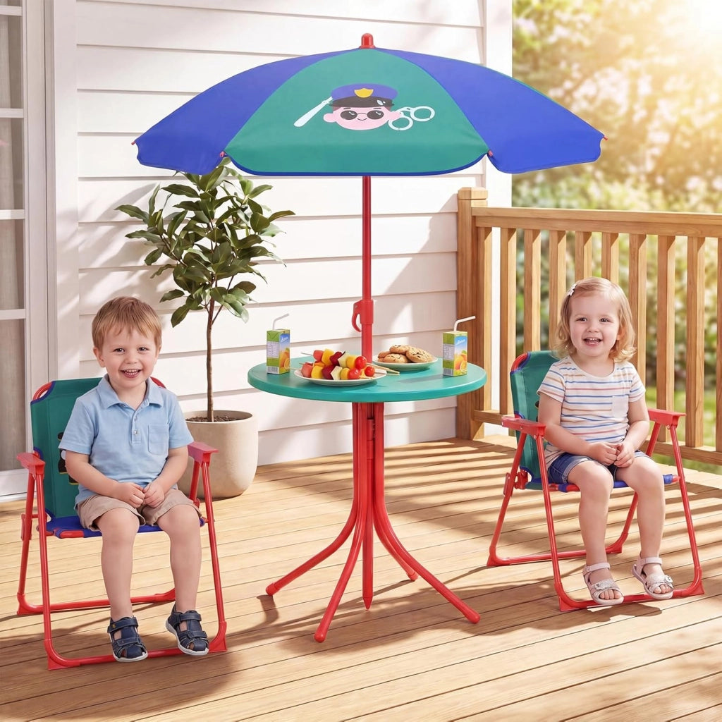 Set Tavolo e Sedie da Giardino per Bambini 3+ Anni con Ombrellone | Set da Esterno 4 Peezi Regolabile in Altezza con Tavolino Rotondo, 2 Sedie Pieghevoli e Ombrellone per Campeggio e Picnic