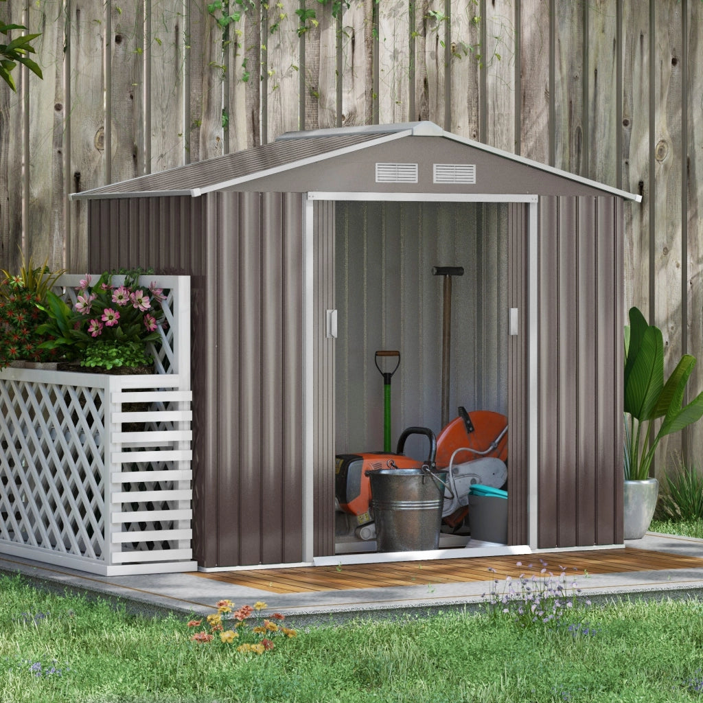 Casetta da Giardino in Acciaio Grigia con Doppie Porte Scorrevoli e Aerazione, 213x130x185 cm