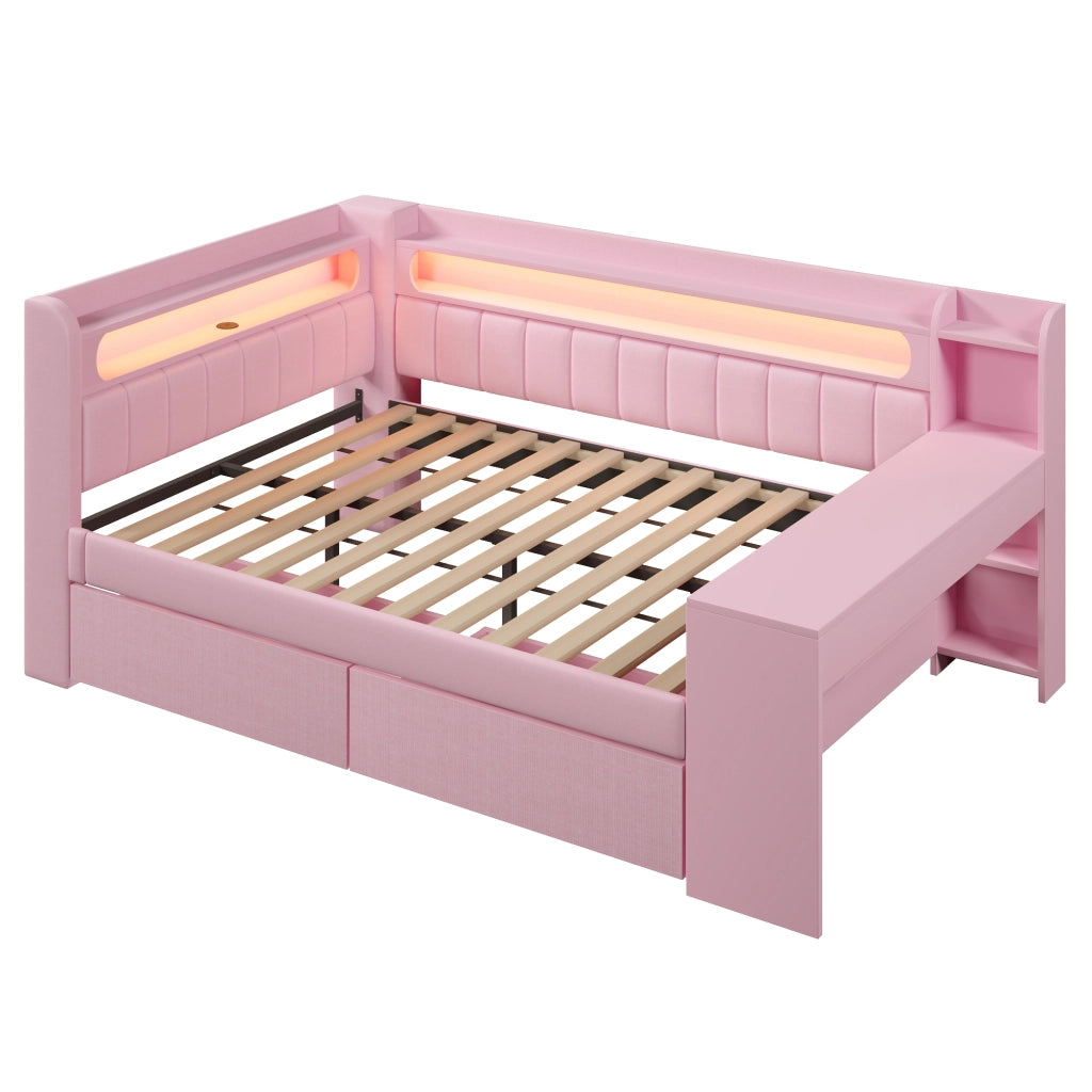 Letto imbottito 140x200 cm con LED; USB; scrivania integrata e 2 cassetti rosa