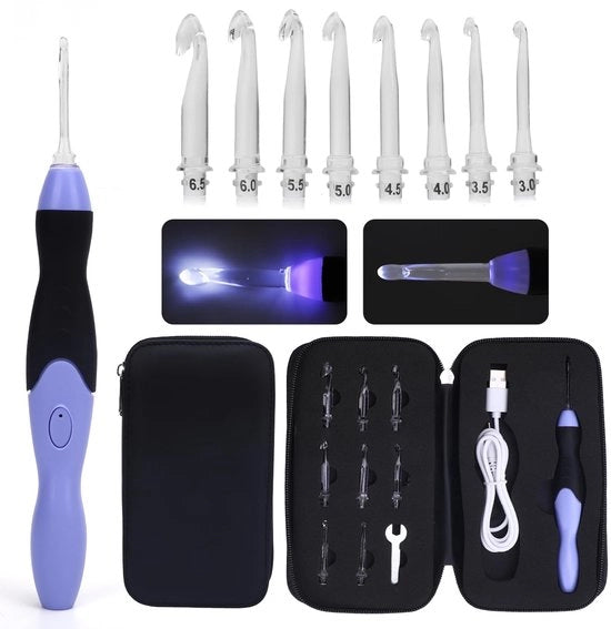 Set di ago da cucire 9 in 1 con LED - Accessori a maglia - Aghi da cucire illuminabili - Blu - Attività manuali creative - Ideale per cucire e maglia