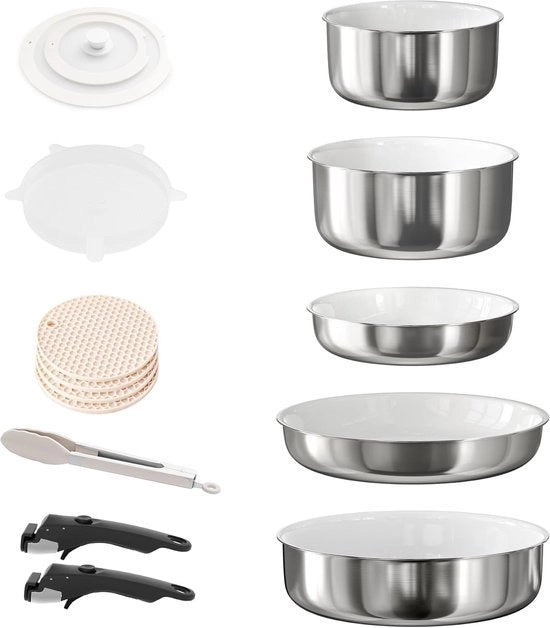 Set di pentole in acciaio inossidabile - induzione - ceramica - 4 pezzi - con coperchio in vetro