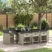 Set da Pranzo per Giardino  9 Pezzi con Cuscini Grigio Chiaro in Polyrattan