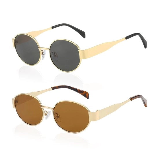 Sole brillantine 2 pezzi - Occhiali da sole a forma ovale - Occhiali da sole anti UV - Occhiali da sole leggeri da viaggio - Cassetta d'occhiali dorata con ciocche grigie/azzurre - Occhiali da sole comodi e unici - Occhiali da sole da sole