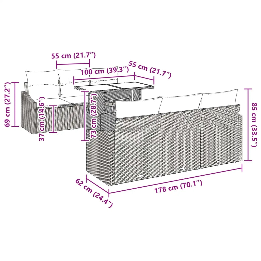 Set Divano da Giardino 7 pz 6-Numero di posti Marrone e Rosso 3348930