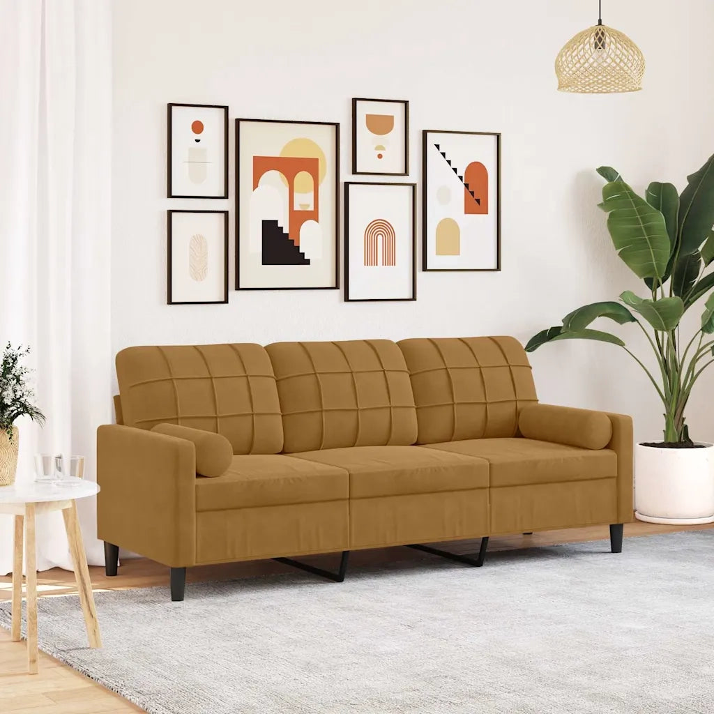 Divano a 3 Posti con Cuscini-Sofa 3 Posti con Cuscini Marrone 180 cm in Velluto 448305
