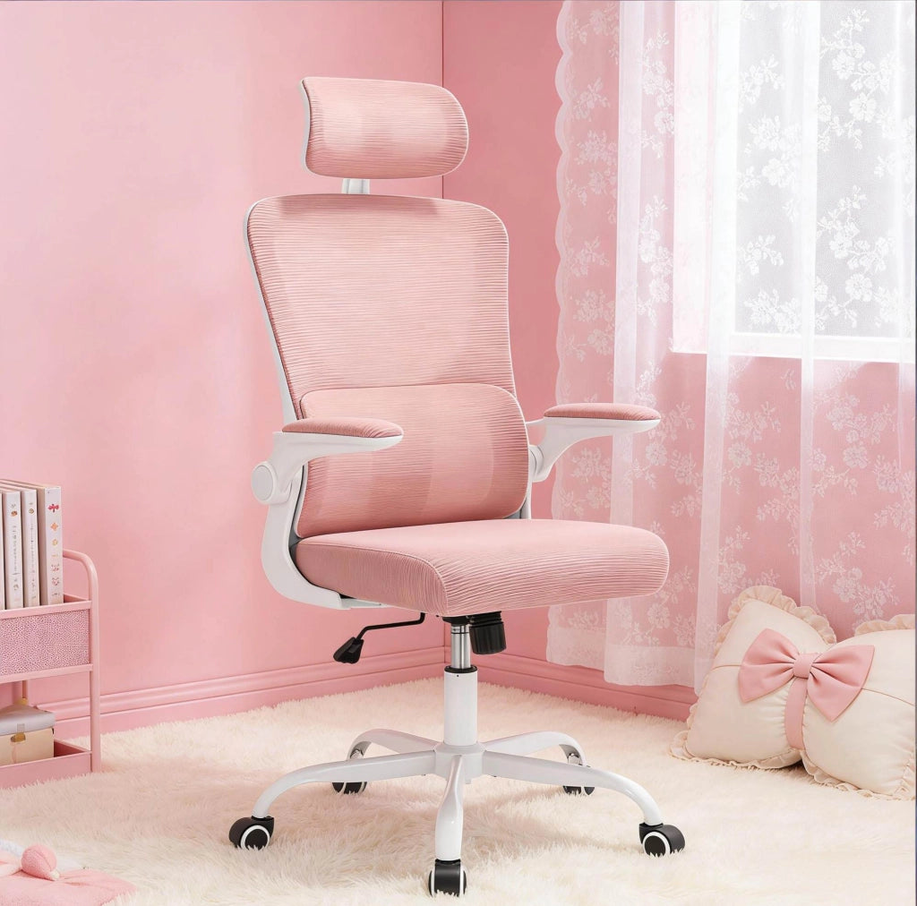 Sedia da ufficio ergonomica rosa con rete e poggiatesta