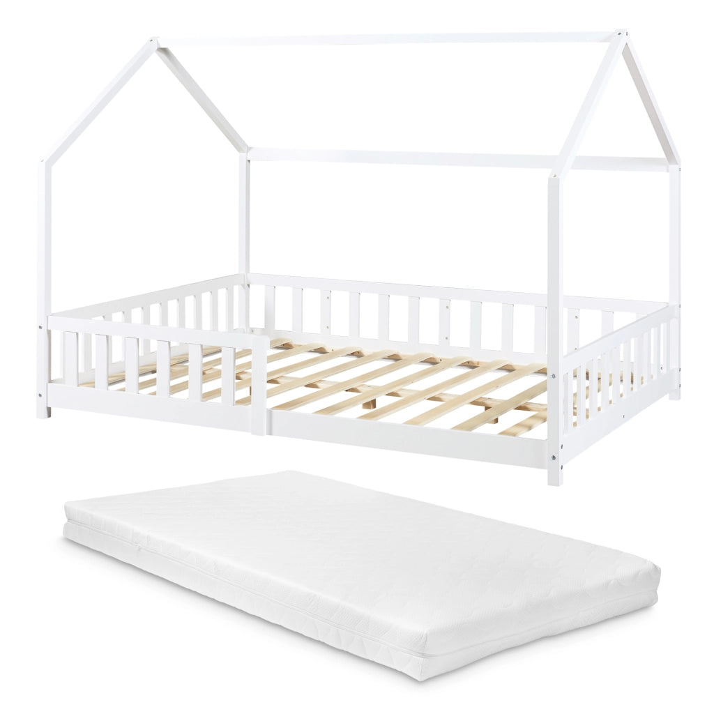 Letto Francese Hesel per Cameretta Forma di Casetta con Materasso 140 x 200 cm Bianco [en.casa]