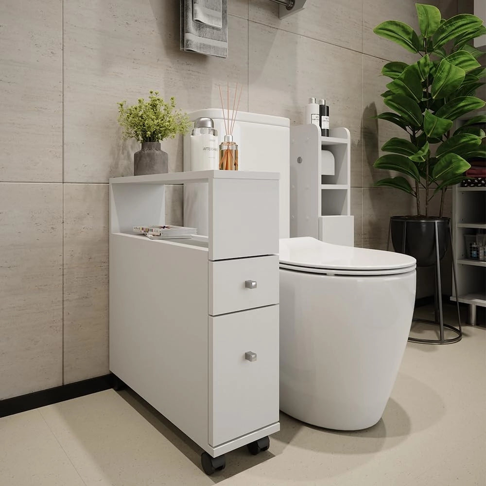 Cassettiera da bagno Fynn, Bianco, 17.6 x 61.6 cm con 2 cassetti, da parete per la conservazione di accessori da bagno