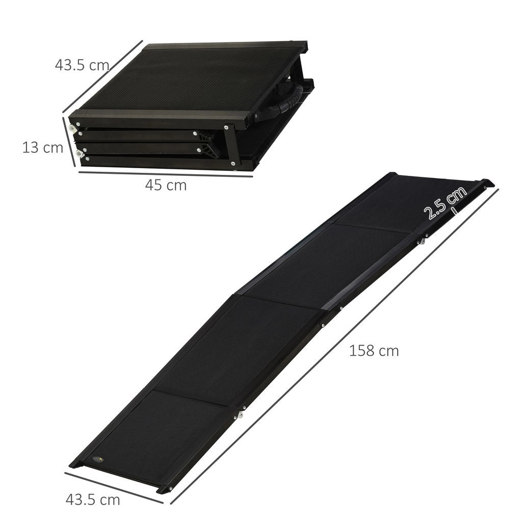 RAMPA PER CANI PIEGHEVOLE CON SUPERFICIE ANTISCIVOLO IN MDF E ALLUMINIO, 158X43.5X2.5 CM, NERO