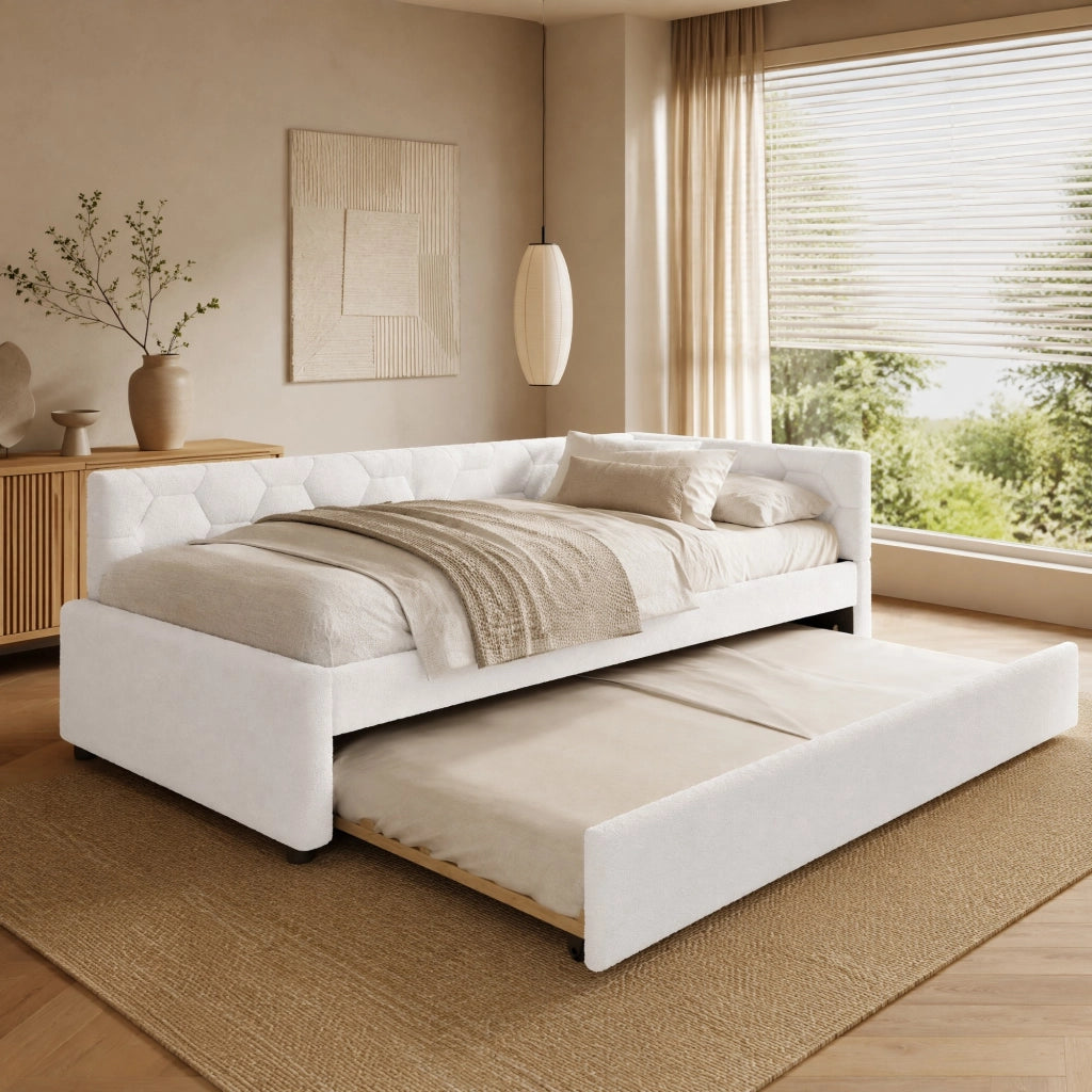 LETTO Giorno 90x200 cm in Bouclé Bianco con letto estraibile, USB e Tipo-C