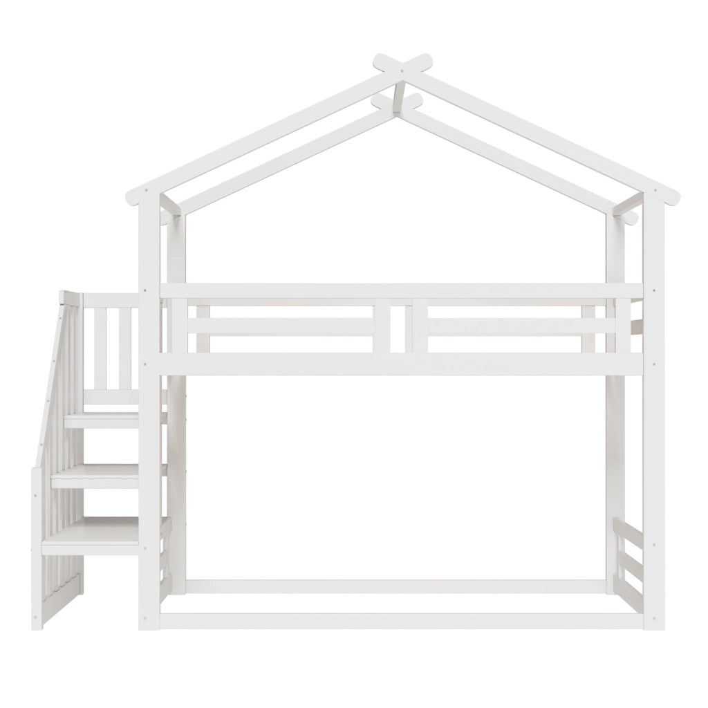 OKWISH Letto a castello 90×200 cm, Letto Singolo con Scala di Sicurezza, Scaffali Contenitori e Sponde, senza Materasso, Bianco
